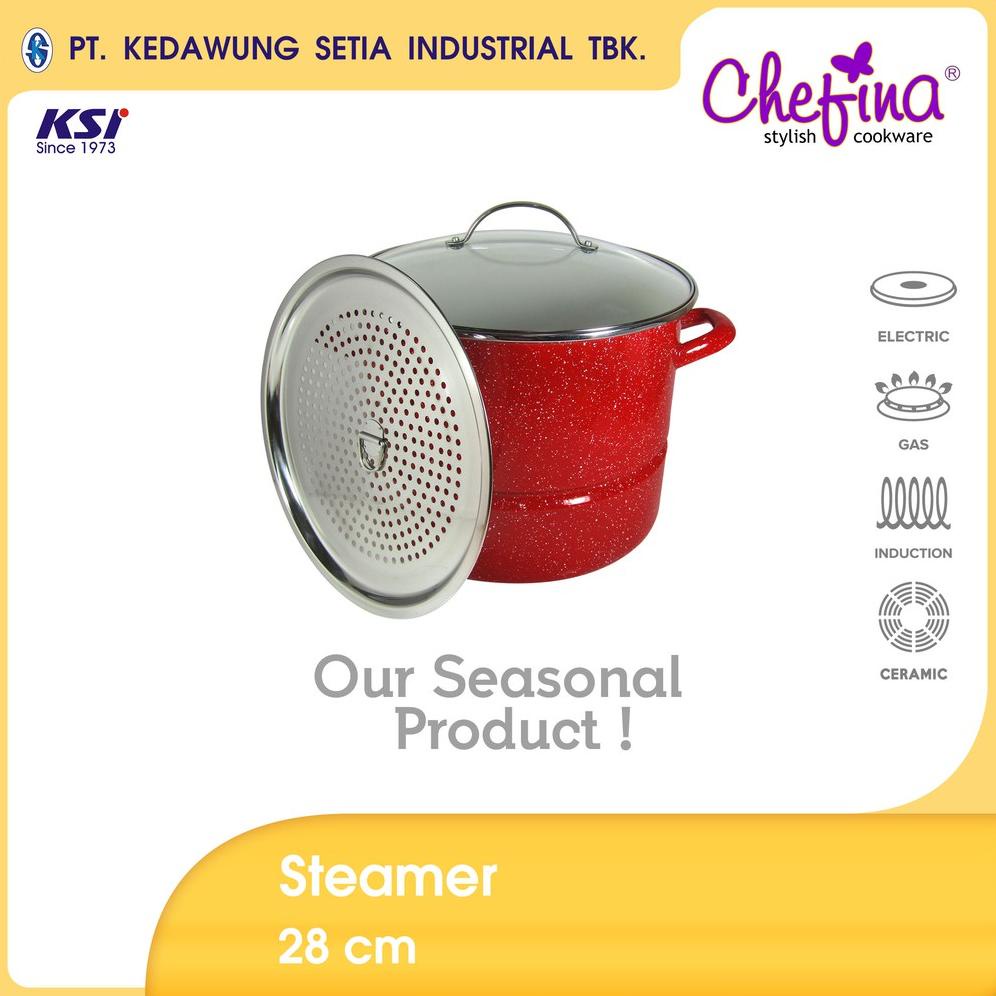 PRODUK- CHEFINA STEAMER 28 CM RED WHITE SPECKLES PANCI ENAMEL .