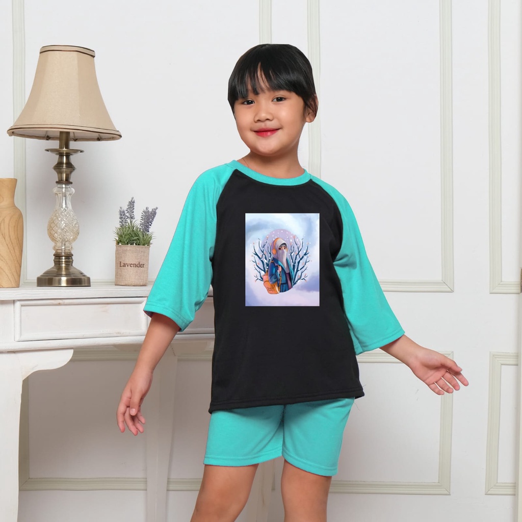 Hzl_outfit Set Baju Anak Perempuan 3/4 Sarah Badawy satu set baju dan celana pendek