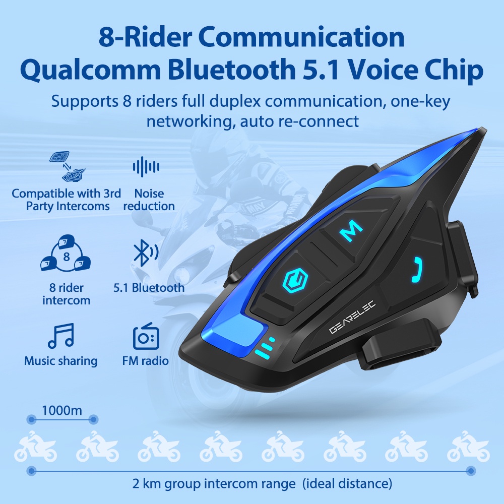 INTERCOM GEARELEC shark pro Sepeda Motor Bluetooth Intercom Headset 2-8 Pengendara Helm Headset dengan Radio FM