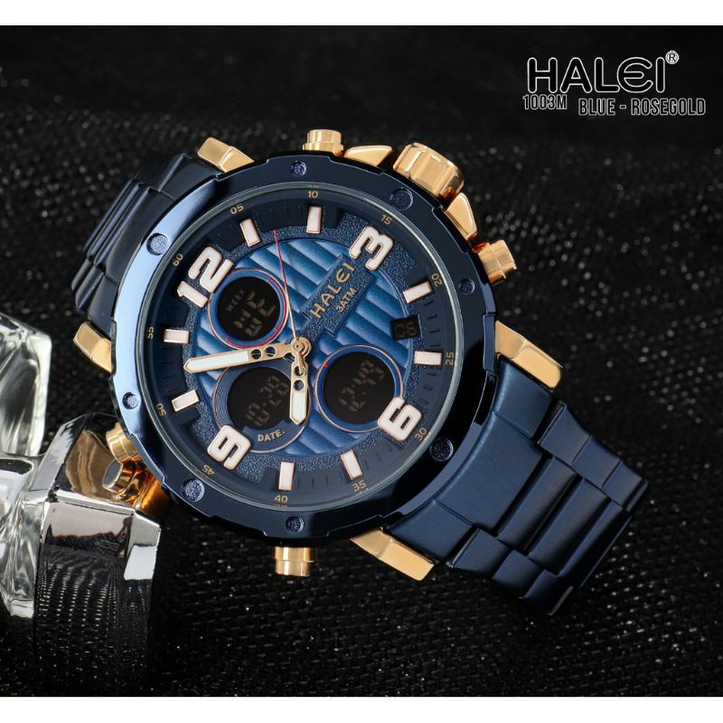 JAM TANGAN HALEI ORIGINAL GARANSI 1 TAHUN JAM TANGAN RANTAI PRIA SPORT TWO TIME