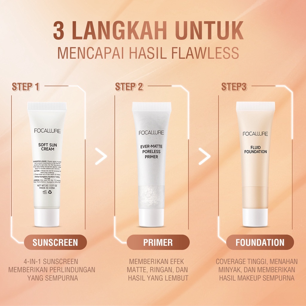 RAFEYLA - FOCALLURE 3pcs Face Beauty Set Include Foundation Sunscreen Sun Cream Primer Oil Control Travel Size Flawless Facial Makeup Kit Waterproof