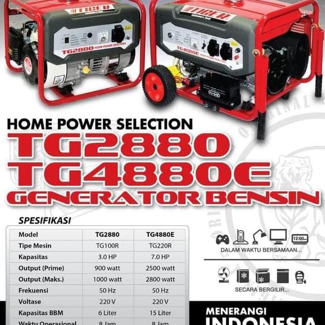 Genset Tiger TG 2880 Bensin Murni 1000 W Genset Rumah Tiger 1000Watt