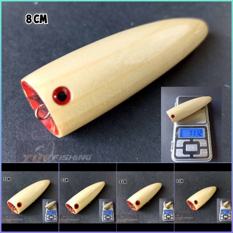 lure poper/popper handmade KR lure bahan kayu 3, 4, 5, 6, 7 dan 8 cm warna natural