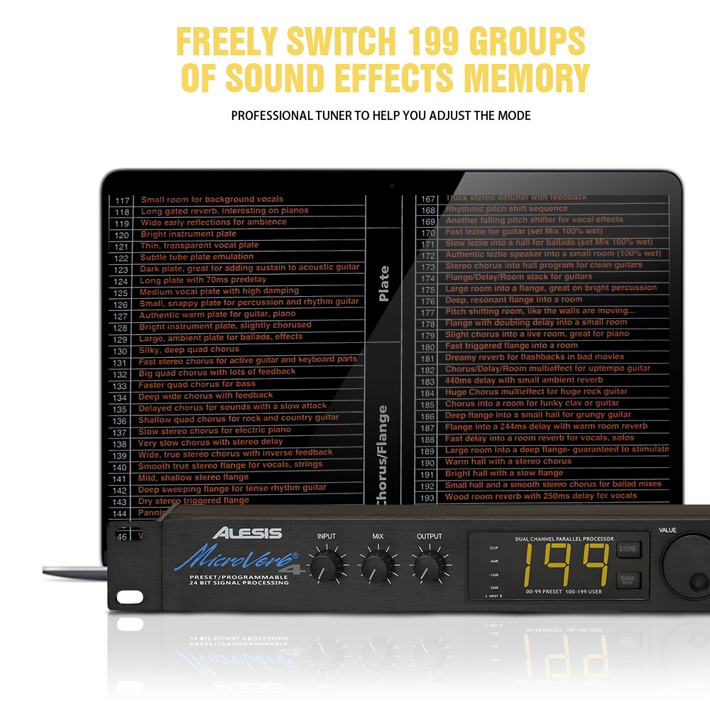 【COD】Efek Vokal Microverb 4 Menawarkan 100 ambang batas dan MIC4 program pengguna untuk reverb berkualitas tinggi Delay and chorus to multiple and dual send sequence channels Input daya 9VAC, antarmuka MIDI, output/input antarmuka 6.35MM