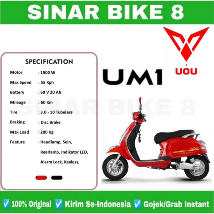 Sepeda Motor Listrik UOU UM1 1500 Watt Battery 60  V/ 20 Ah