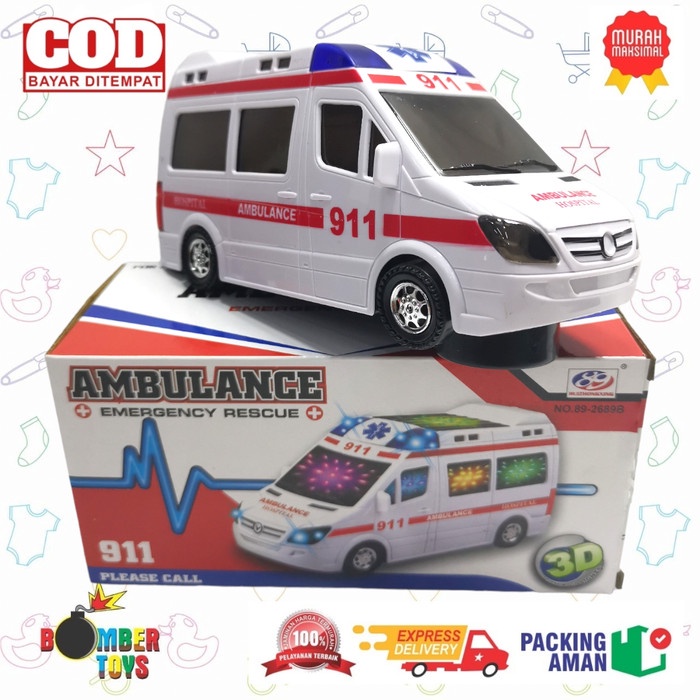 MAINAN ANAK MOBIL AMBULANCE SUARA SIRENE LAMPU 3D DISKO KADO UNIK LUCU