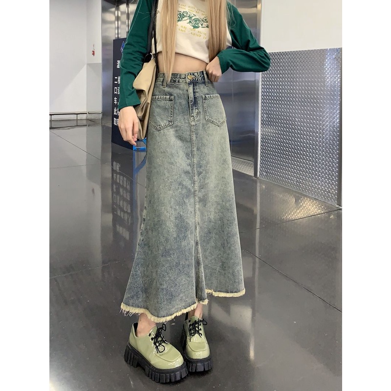 Rok denim split gaya Korea rok a-line wanita berpinggang tinggi sedang untuk menutupi rok pinggul selangkangan