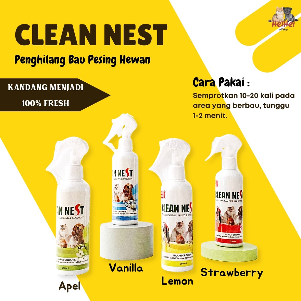 Clean Nest Spray 250 ml - Penghilang Bau Pesing dan Kotoran Kandang Kucing Anjing Hewan