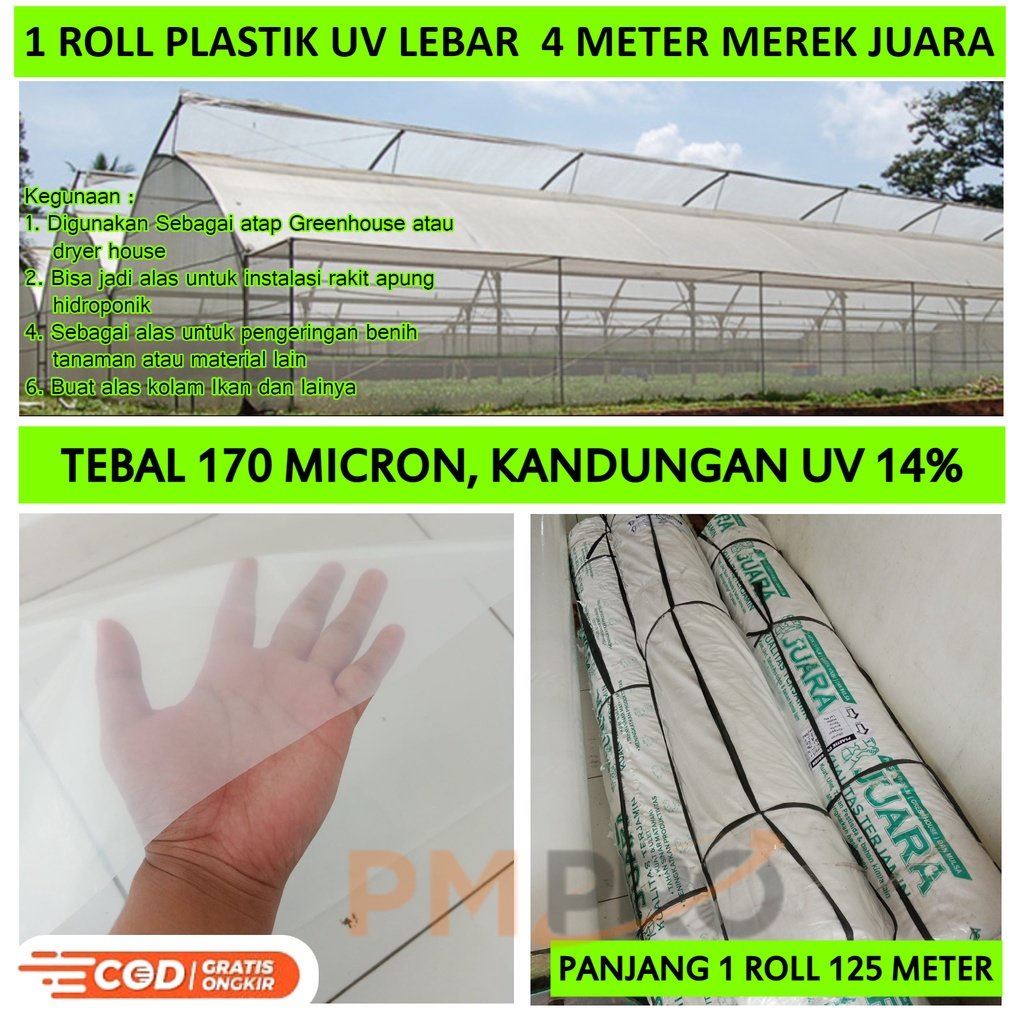 Plastik Uv 1 Roll Panjang 125 M Ultra Violet / Green House Hidroponik Uv14% Lebar 4 Meter Ketebalan 170 Micron Plastik Yupi Film Untuk Atap Hidroponik Kolam Tebal 0.17 Mm