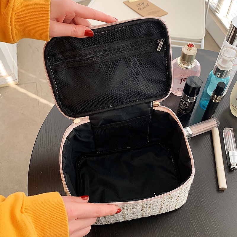 MAANGE Merajut Tweed Travel Tas Kosmetik Organizer Tempat Alat Baru Travel Make up Bag Kapasitas Besar Makeup Pouch Portable Travel Toilet Bag Mencuci Jinjing Kotak-Kotak Gaya Korea Model Tas Penyimpanan 1236