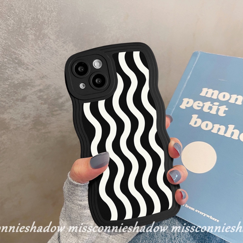 Redmi 9T 9A 10A 9 10 10C 9C NFC A1+A1 Mi 11T Pro Note 11 10 9 8 10Pro 11Pro+9Pro Note 10s 9s 11s PO CO M3 X3 NFC Pro Fashion Hitam Putih Motif Gelombang Air Lembut Case Wavy Edge