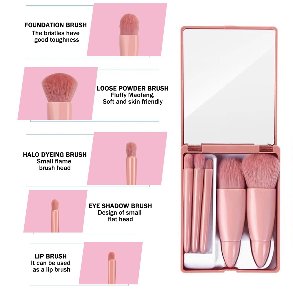 MAANGE Set Kuas Makeup 6 In 1 Dengan Cermin Built-in Kit Kuas Rias Bedak Cermin Brush Shaow Mata Traval Kit Alat Make Up Kecantikan 1232