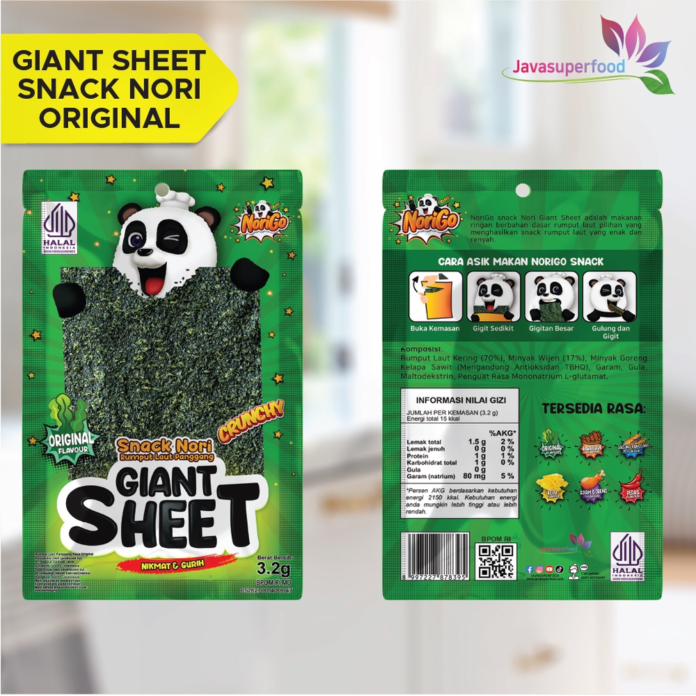 Norigo / Snack Nori Giant Sheet 1 Box isi 12 Pcs / Snack Rumput Laut 38.4g
