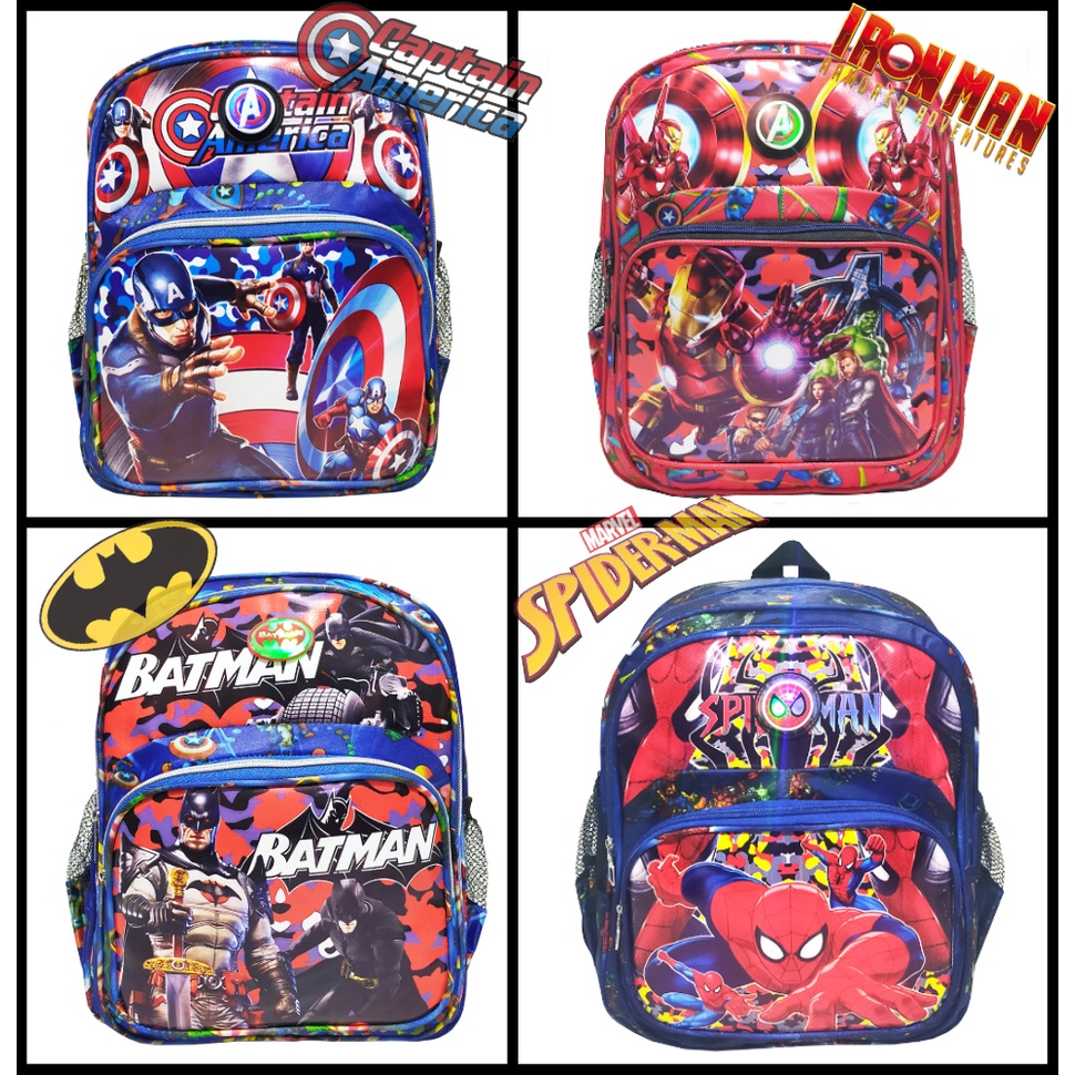 Tas Ransel lampu LED anak Laki-laki SEKOLAH Paud /Tk  Karakter SUPER HERO CAPTAIN AMERICA - BATMAN - SPIDERMAN Free Botol