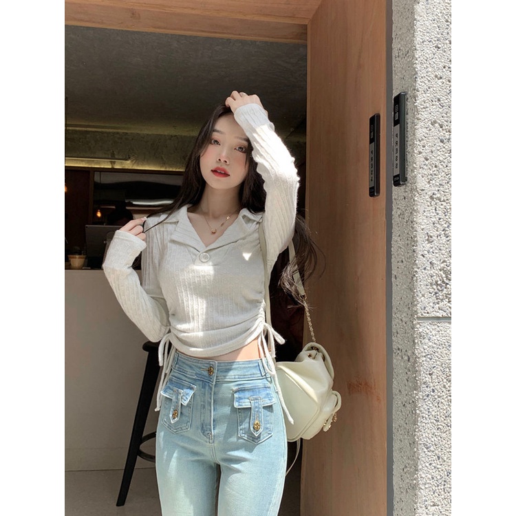 Red High-end polo kerah serut lengan panjang t-shirt wanita musim gugur dan musim dingin selera desain ceruk keinginan murni manis dan pedas bottoming shirt top