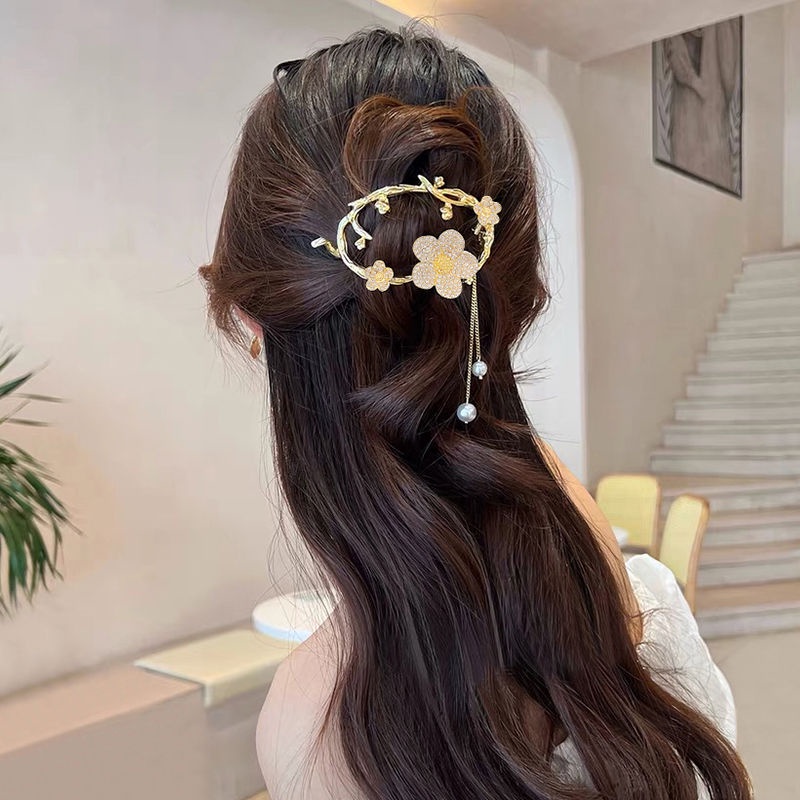 Shiny stone oval Bunga Berpohon Mutiara Jepit Rambut Aksesoris Rambut fashion Korea Wanita