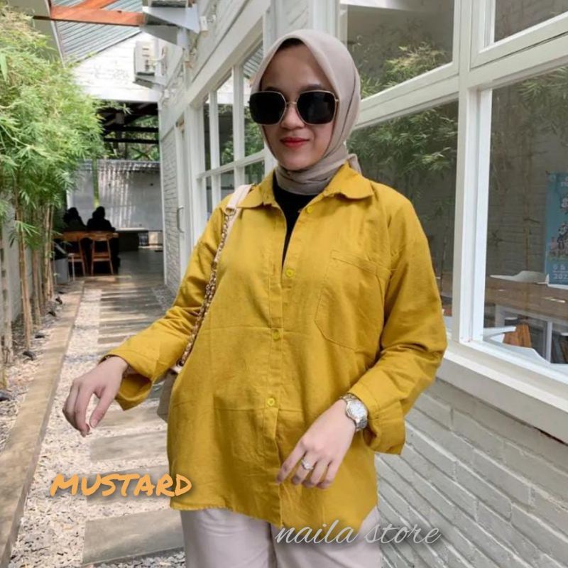 Kemeja Wanita Oversize Linen Olivia Shirt Linen Pocket Oversize