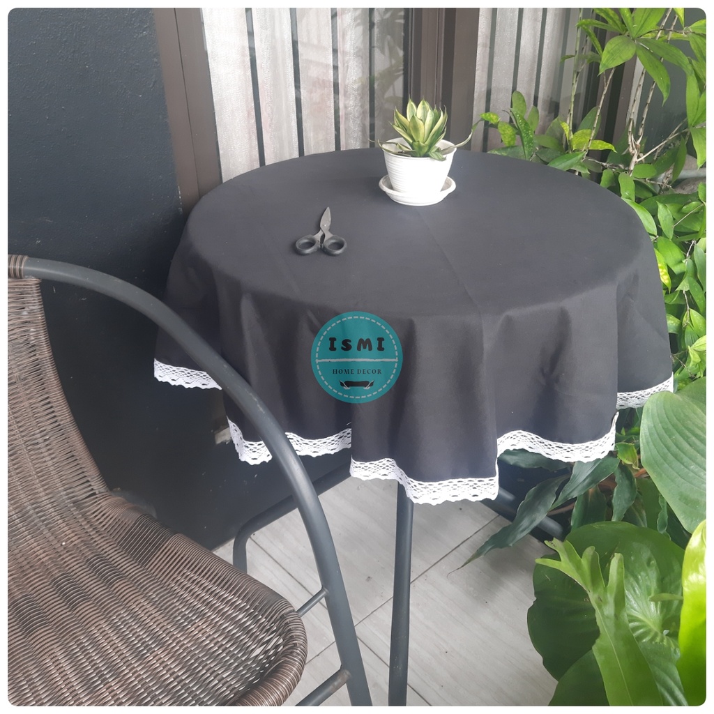 Taplak / Alas MEJA Makan BULAT Kain POLOS Katun Polymicro Keliling RENDA Rajut Ukuran Kecil dan Besa