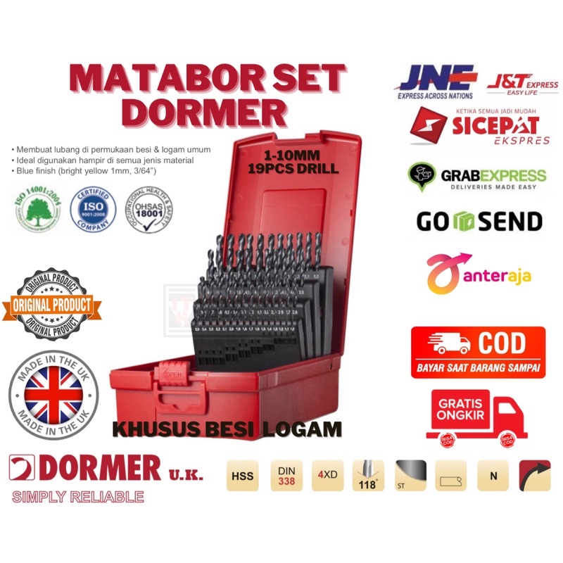 MATABOR SET BESI HSS DIN 338 DORMER ASLI INGGRIS PRODUCT MADE IN UK 1-10mm (19pcs) MURAH BERKUALITAS