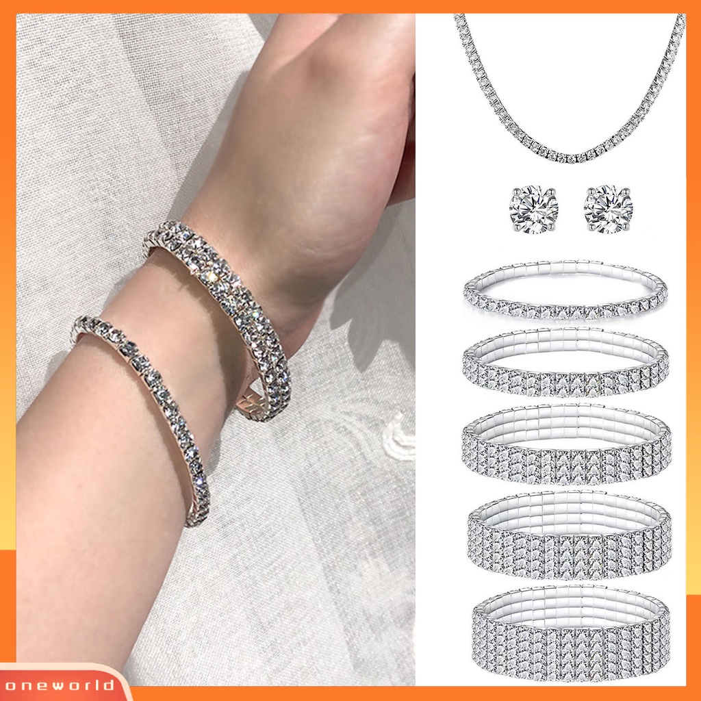 [ONE] Gelang Kalung Anting Elegan Berlian Imitasi Mengkilap Multi-layer Geometris Berkilau Hias Hadiah Wanita Bangle Kalung Telinga Studs Perhiasan Pernikahan Aksesori Busana