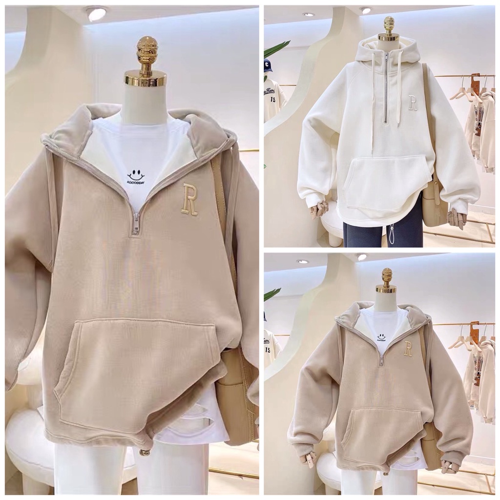 R Zipper Hoodie Bordir Korean Style Oversize | Dhea Fashion