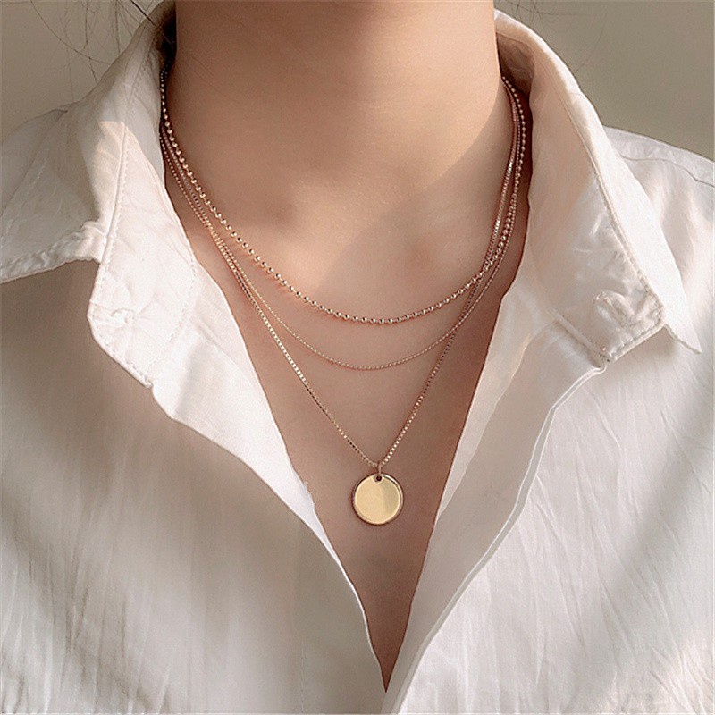 Kalung Multilayer Fashion Wanita Gaya Korea Shanon Liontin Bulat 3 Layer Necklace / Kalung Hijab / K