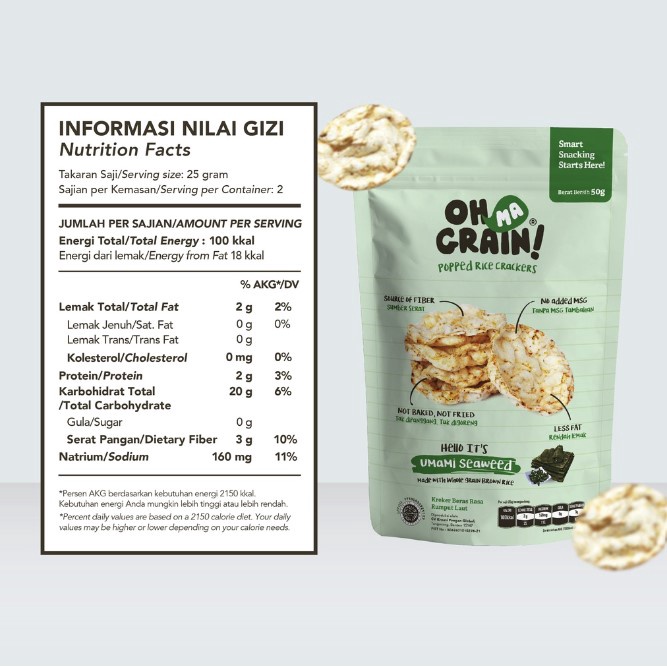 Oh Ma Grain Popped Rice Crackers Seaweed Rasa Rumput Laut 50gr - Snack Sehat - Cemilan Anak