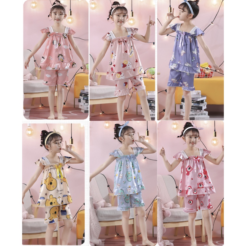 babyfit satin setelan pendek celana pendek piyama sateen anak perempuan import xs-0311r