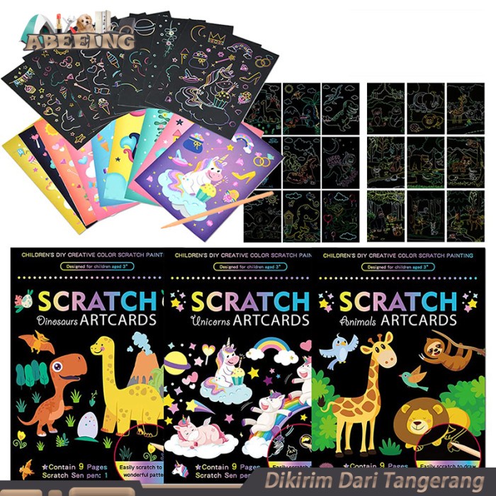 

Buku Gambar 9Sheets Lukisan Glitter Anak Magic Scratch Painting Art Paper Card Set