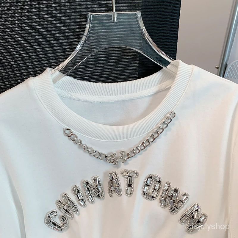 #Sisjuly# Gaun kaos lengan pendek tipis rantai huruf berlian gaya Prancis baru wanita pinggang model