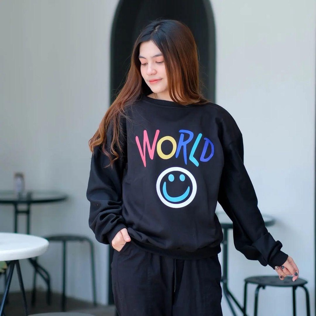 Sweater Crewneck Basic WORLD SMILE bisa untuk pria/wanita