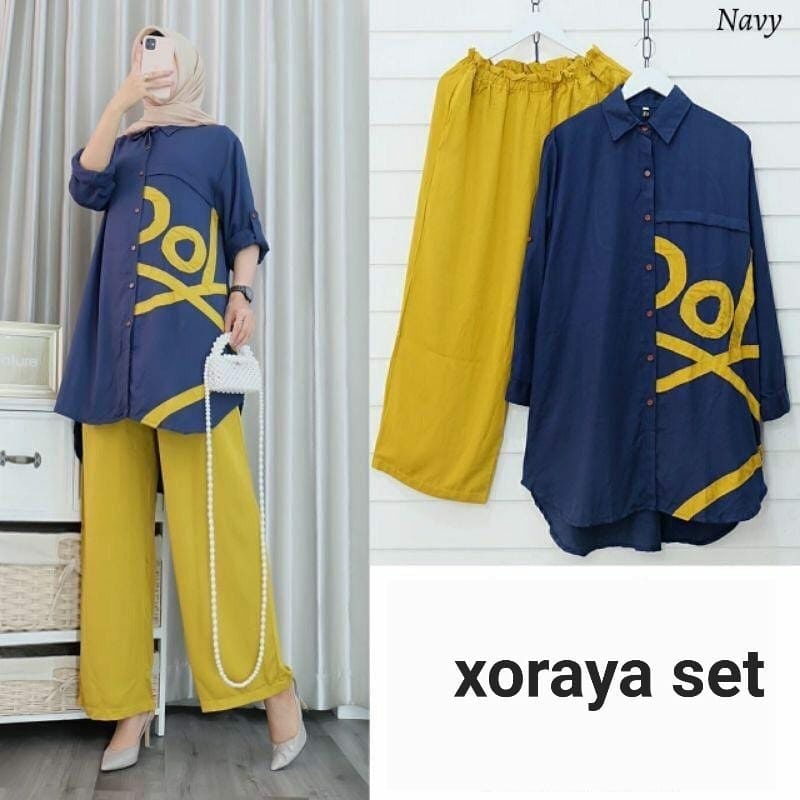 SET XORAYA FASHION PAKAIAN WANITA SETELAN ATASAN DAN CELANA BAHAN MOSCREPE EDHM