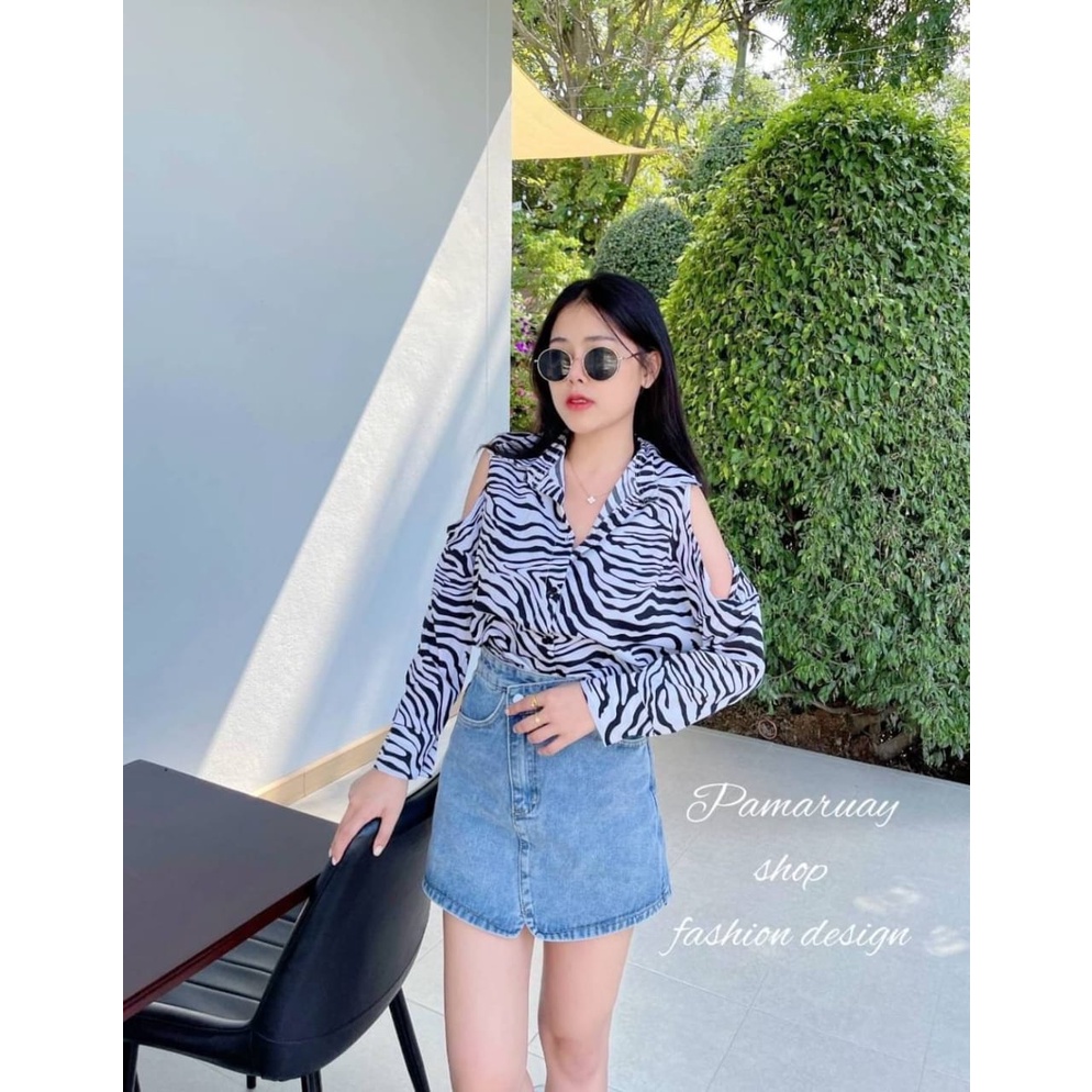 KEMEJA PAMARUAY ZEBRA BAHU BOLONG FASHION WANITA IMPORT BANGKOK CODE P 11