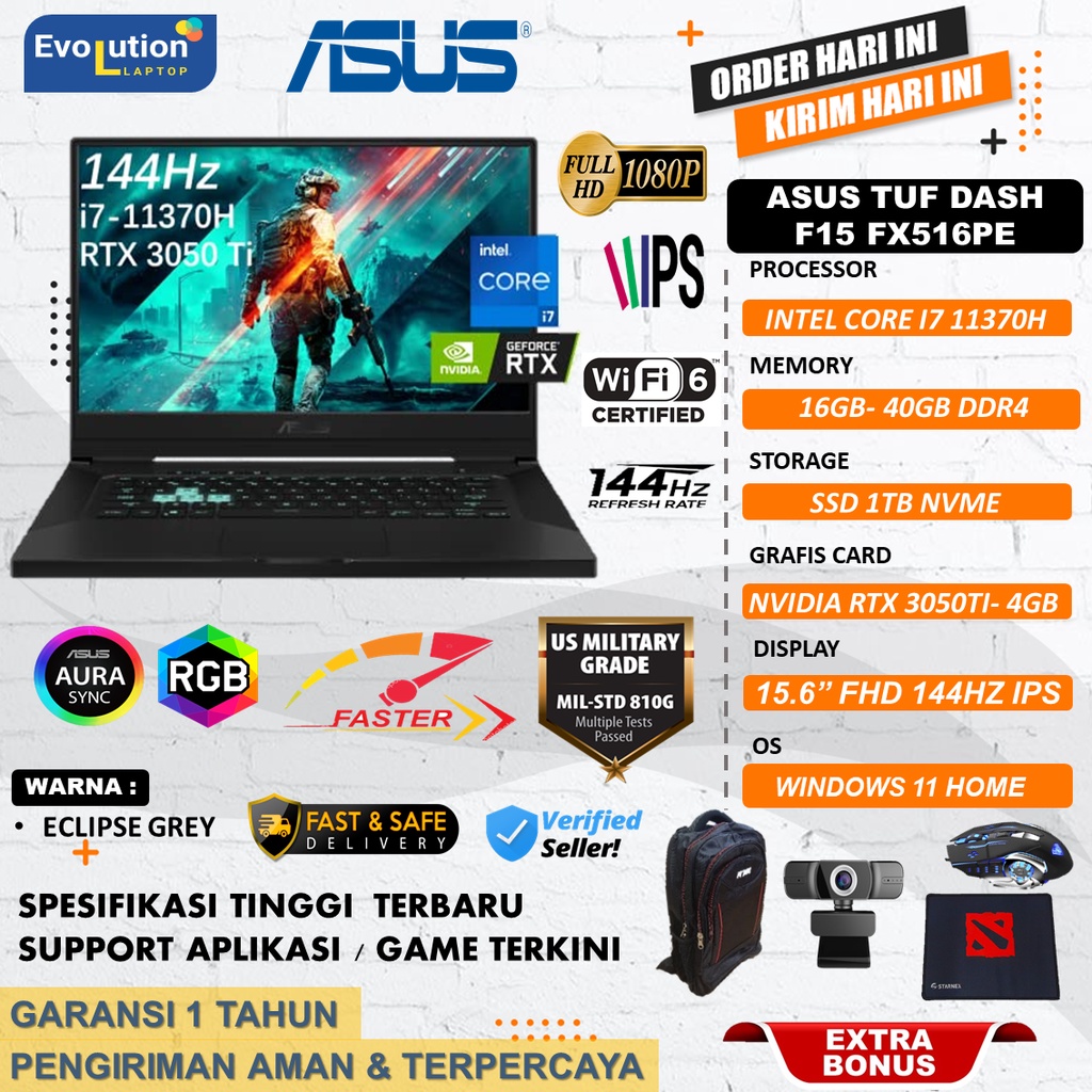 Laptop Gaming Asus TUF Dash FX516PE Intel Core i7 11370H Ram 40GB 1TB SSD Nvdia RTX 3050Ti 144hz ECLIPSE GREY