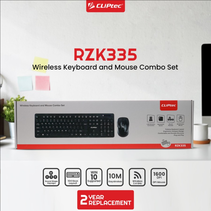 Mouse keyboard cliptec wireless 2.4ghz combo membrane fullsize 104 keys round 1600dpi optical 6d rzk335 rzk-335