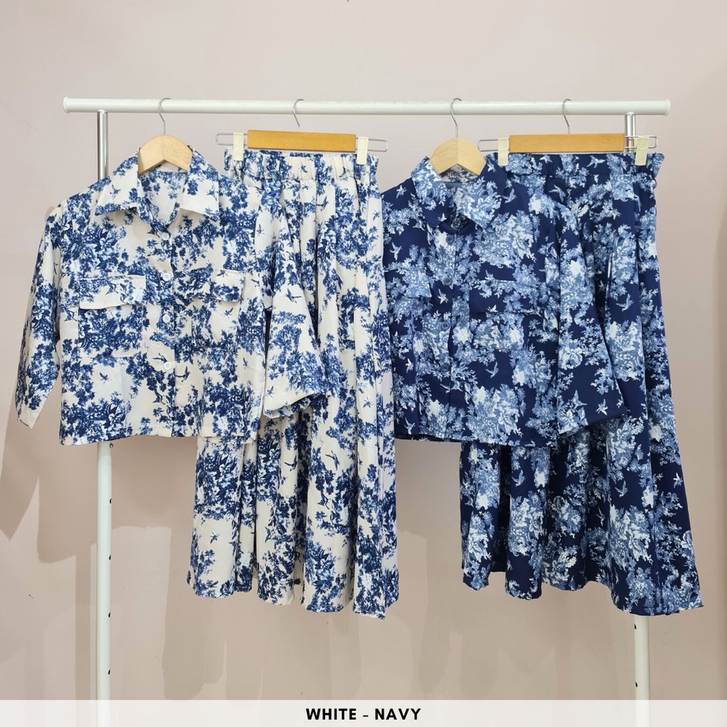 4742 nawari floral button pocket long sleeves flat skirt one set rok
