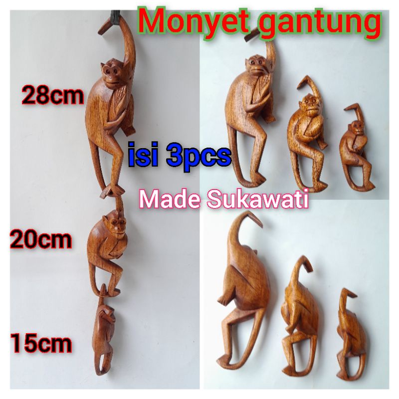 Set Patung Kayu monyet kera gantung isi 3pcs Kerajinan handmade Bali