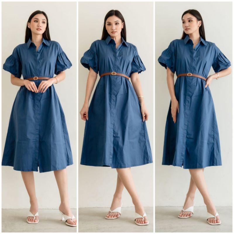 ❣️ SPECIAL PRICE ♡ PREMIUM ♡ ORIGINAL ! MERRIAM BALOON PUFF PLUFFY SLEEVE COLLAR BUTTON LOOSE  MIDI DRESS WITH  BELT ( BUSUI &amp; BUMIL FRIENDLY )