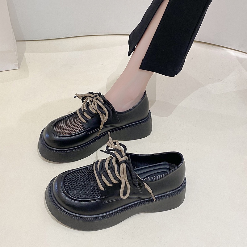 Sepatu Kerja Wanita Cream Jaring Tali Sepatu Perempuan Hitam Klasik Import Woman Casual Shoes Hak Platform SK-047