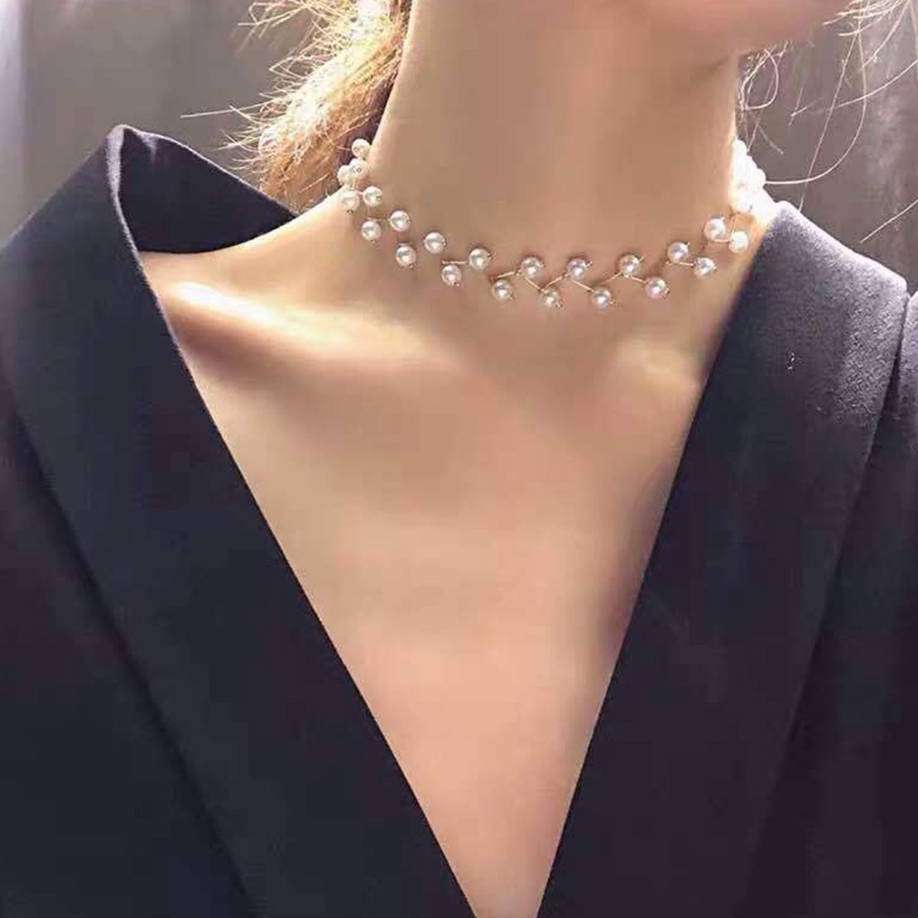 Kalung Titanium Wanita Korea Aksen Mutiara Pearl Rantai Zigzag Aksesoris Hiasan Kualitas Bahan Import KLG58