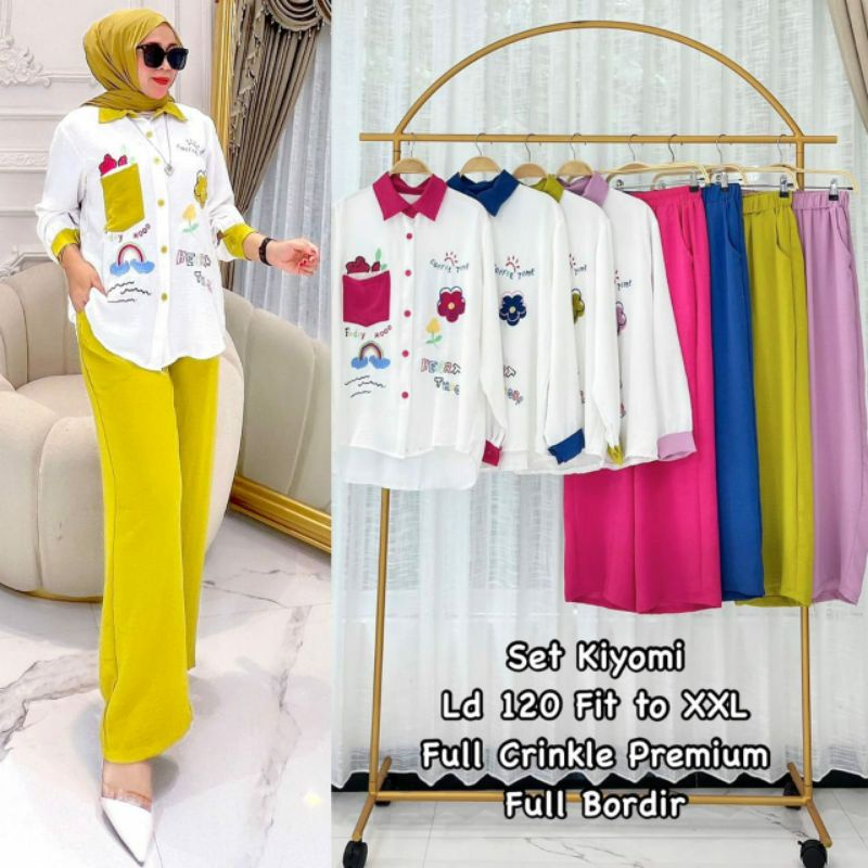 Kiyomi Set, SETELAN JUMBO WANITA MODIS CANTIK FIT XXL LD 120 BAHAN CRINCLE AIRFLOW IMPORT MIX BORDIR TERMURAH TERLARIS OOTD