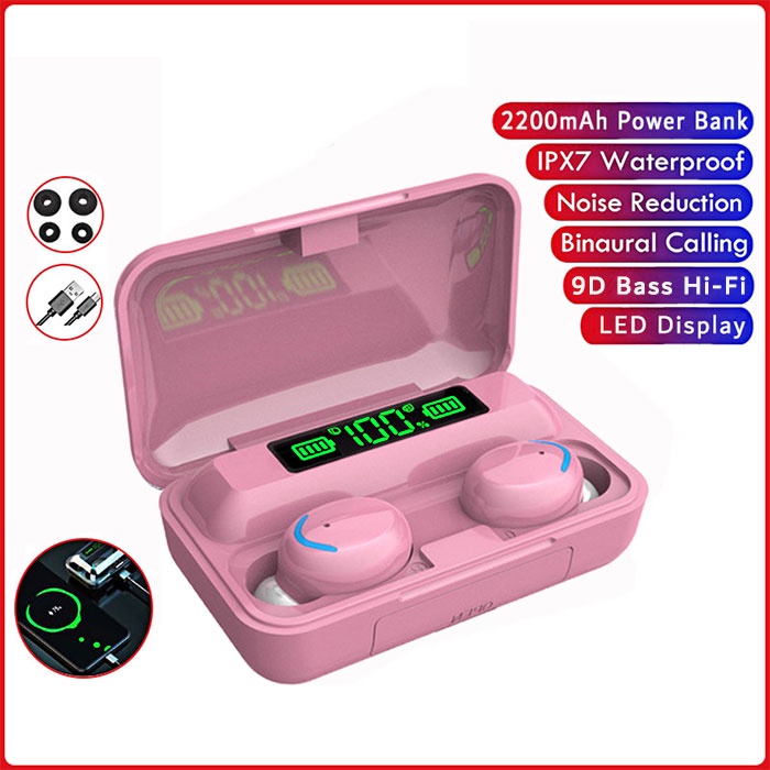 Headset Bluetooth Bass HiFi Stereo Sound with Powerbank F9-5 TWS Noise Reduction Earphone Wireless IPX7 Waterproof Headphone Henset Bloetooth with Microphone Sport Handset Gaming Hedset Handsfree Earbuds Hendset Hanset Hetset Heandset Android-Pink