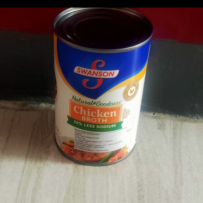 

Swanson chicken broth 33% less sodium 411gr kaldu ayam