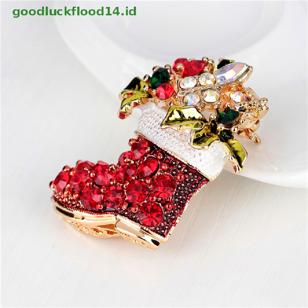 [GOOGFOUR] 1x Baru Berlian Imitasi Kristal Natal Stocking Boot Pin Bros Xmas Hadiah Nada Emas [TOP]