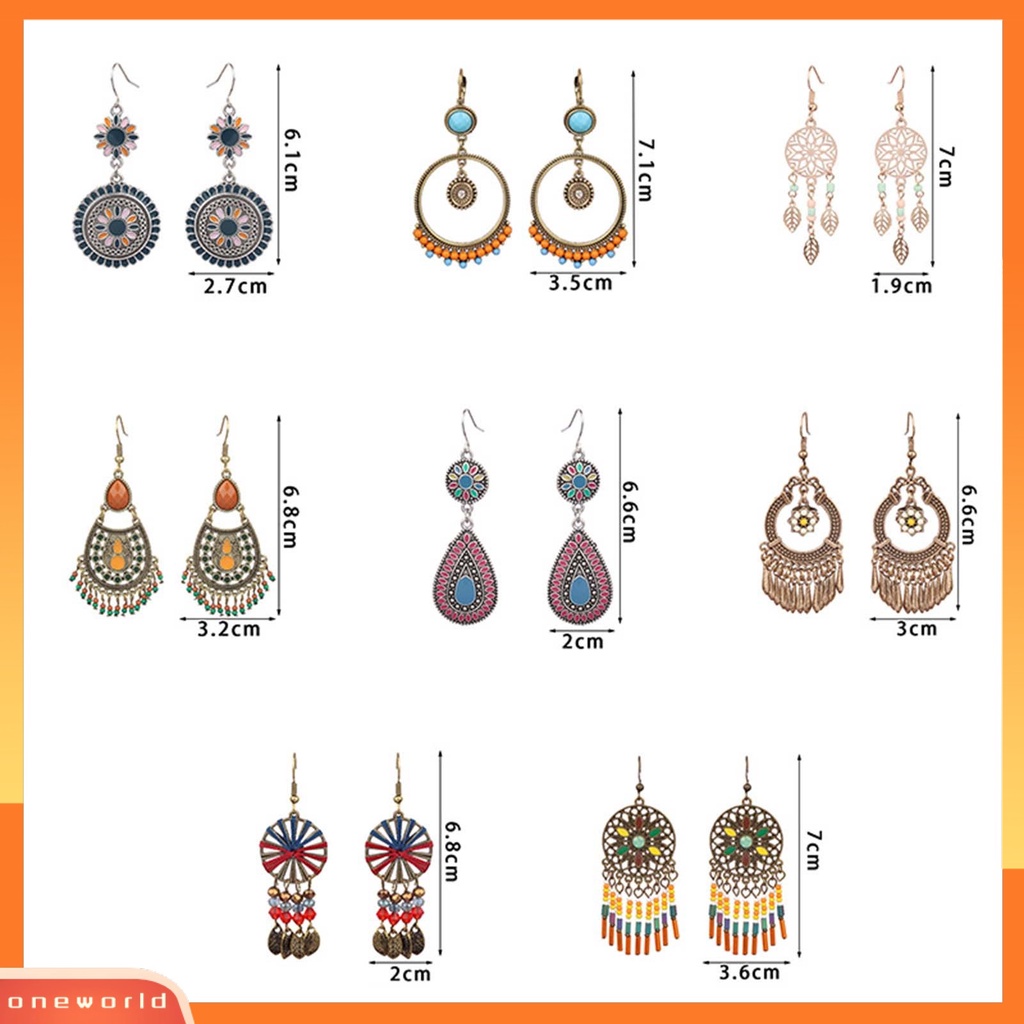 {oneworld} 1pasang Manik-Manik Multicolor Shiny Drop Earrings Bohemian Hollow Vintage Hook Earrings Perhiasan Pesta