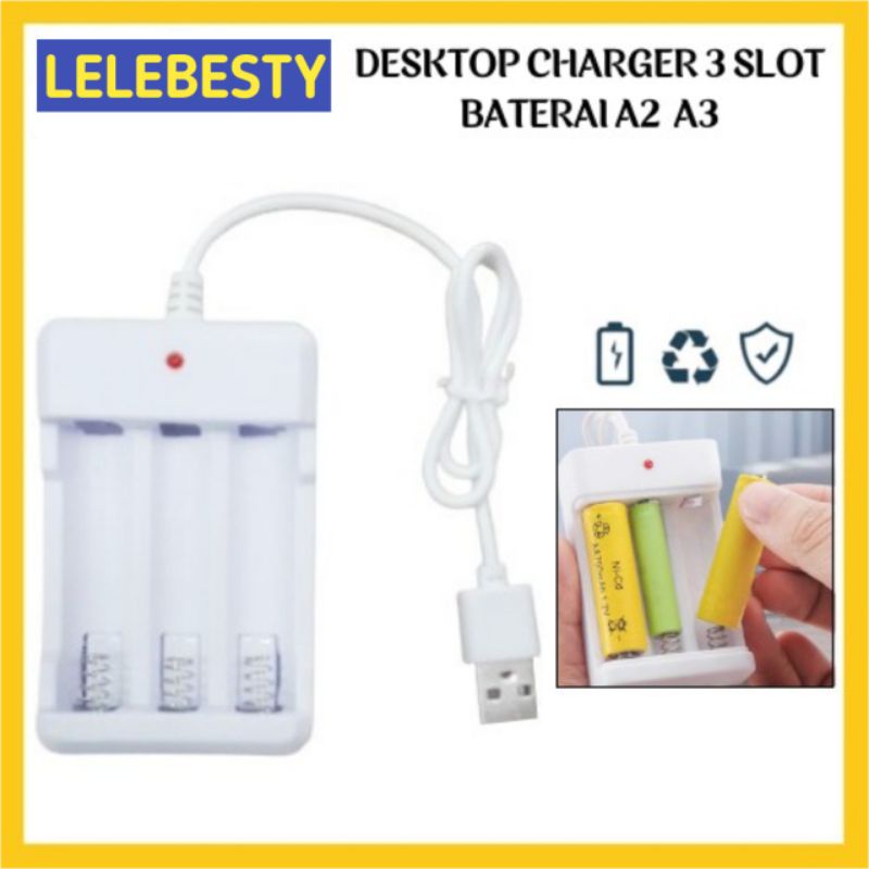 Desktop Charger Baterai isi Ulang 3 Slot AA AAA Rechargeable Kabel USB Ces Casan