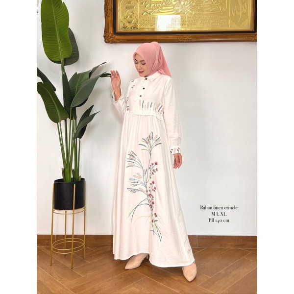 Zaja - Baju Gamis Linen Bordir Motif Bunga Pada Cantik &amp; Mewah Busana Muslim Perempuan Dewasa Dress Muslim Perempuan Dewasa 2022 Busana Muslim Perempuan Polos Rempel Dada &amp; Krah Plus Lengan karet Kekinian Dengan Desain Mewah