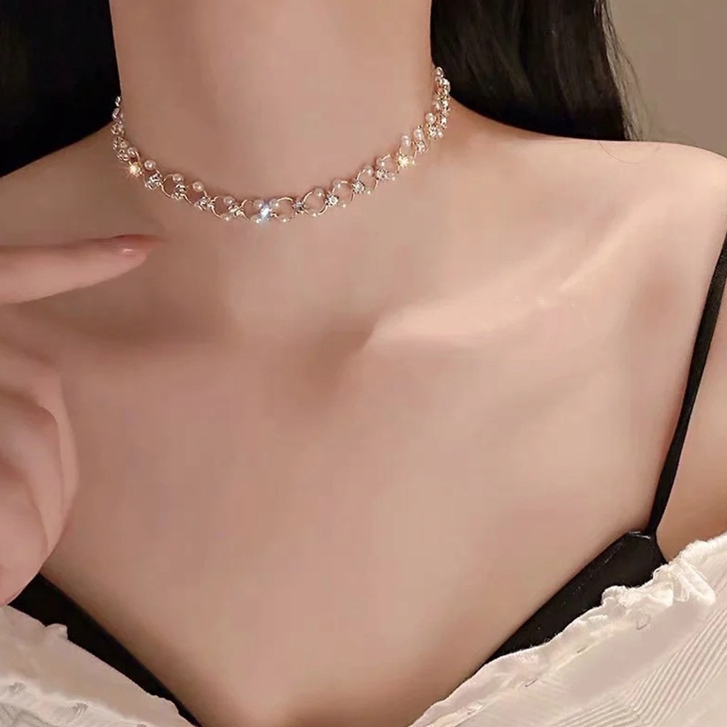 Kalung Titanium Wanita Korea Mutiara Sweet Pearl Choker Aksesoris Perhiasan Import KLG59