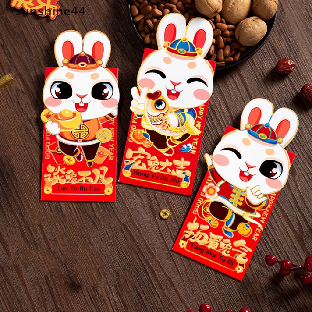 Sunshine6/pcs Amplop Merah Tahun Baru Kawaii Rabbit 2023 Amplop Merah Imlek Hongbao.
