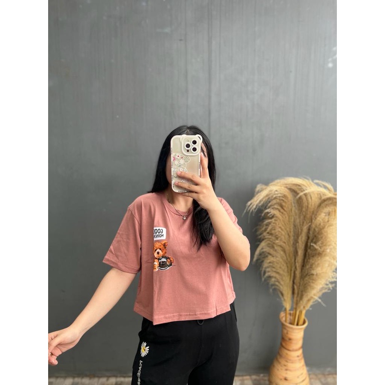 CROP MORNING BEAR | BAJU TUMBLR TEE SHIRT OVERSIZE DUSTY ROSE BLUE HITAM BEIGE | TUMBLR TEE | KOREA STYLE